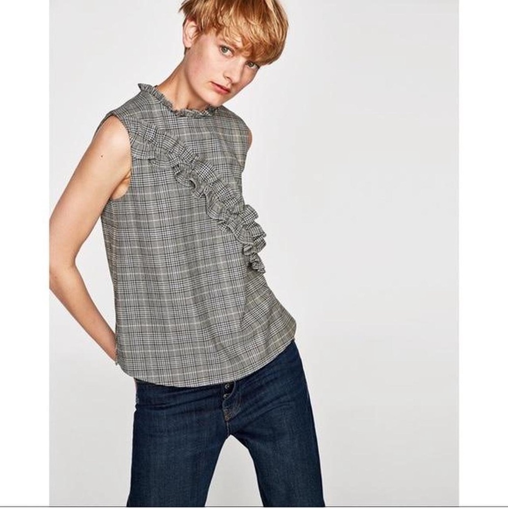 Zara Black and White Checkered Ruffle Blouse